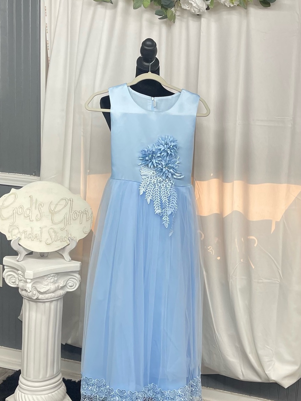 Light Blue Floral Appliqué Tulle Kids Dress